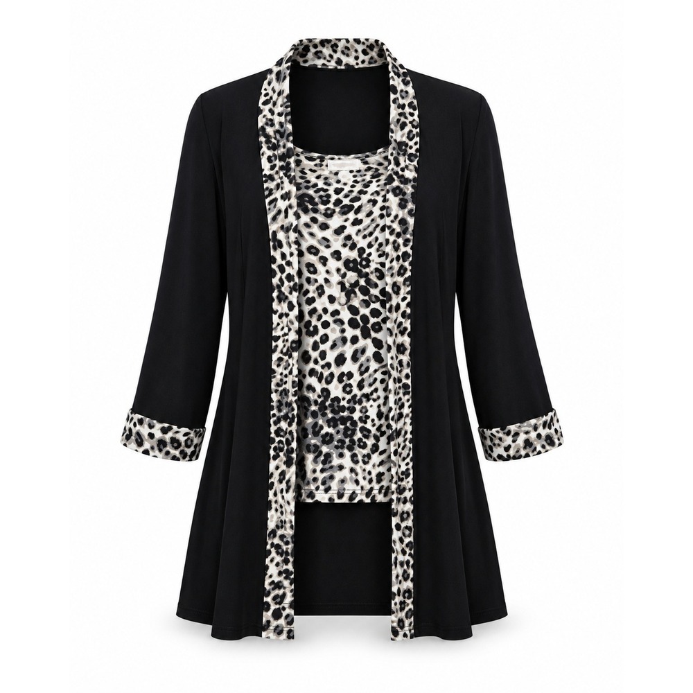 Chico's Travelers 2pc Set Size 2 L Black Leopard Print Cardigan & Tank Top